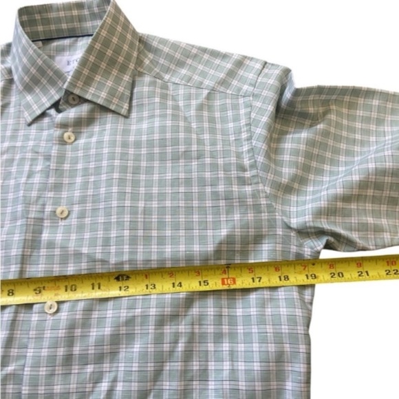 Eton Mens Button Up Gingham Shirt Green White Small - Picture 4 of 6